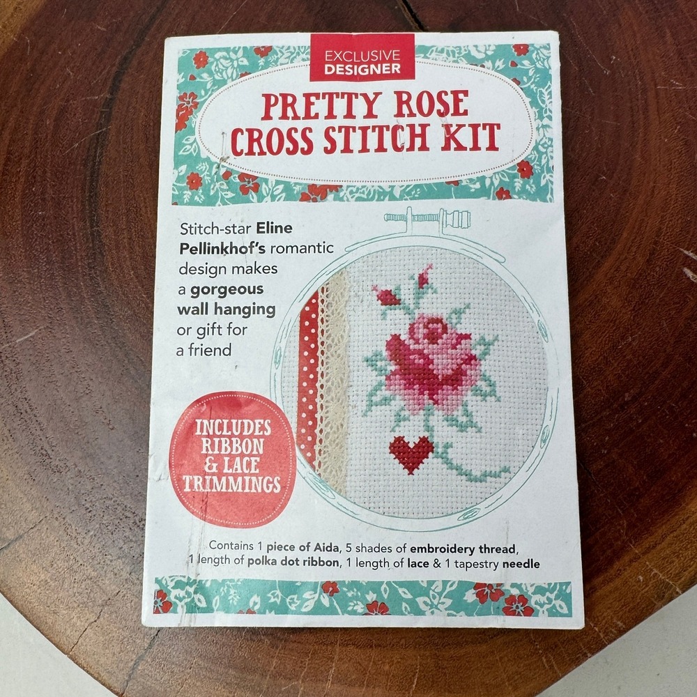Mollie Makes Eline Pellinkhof Pretty Rose Cross Stitch Kit Ribbon Lace Heart